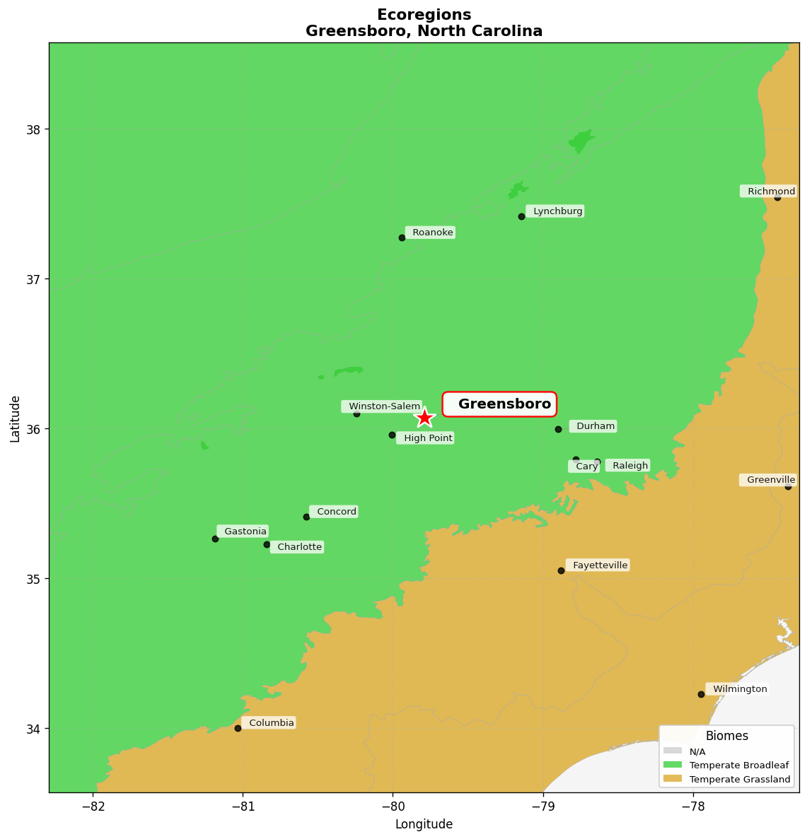 Appalachian Piedmont forests Ecoregion Map for Greensboro, NC